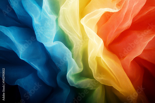 Colorful piece of fabric with a rainbow pattern. The colors are bright and vibrant, creating a cheerful and lively mood