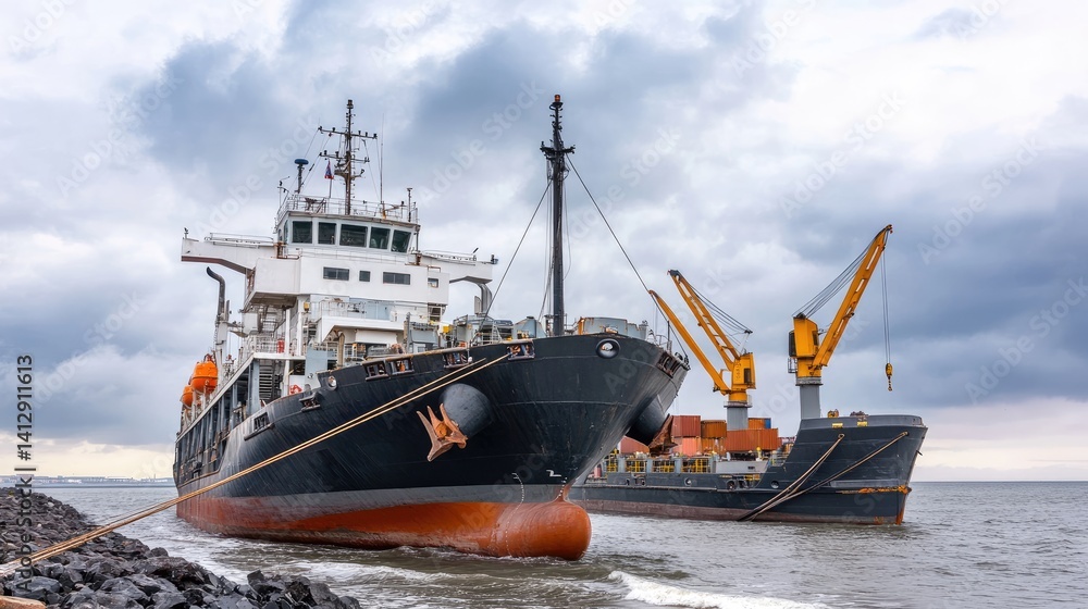 Fototapeta premium Cargo Ship Docked at Port with Cranes in Background Against Overcast Sky and Calm Water Surface