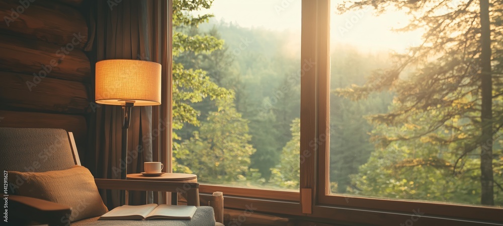 Fototapeta premium Cozy Sunlit Living Room with A Chair and Houseplant by a Window