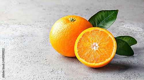 Fresh Whole And Sliced Orange On Light Gray Surface