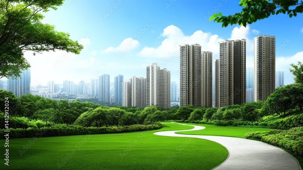 Lush park curving path city skyline, tranquil scene, ideal for relaxation, background, or advertisement Lush park curving path city skyline, tranquil scene, ideal for relaxation, background, or advertisement
