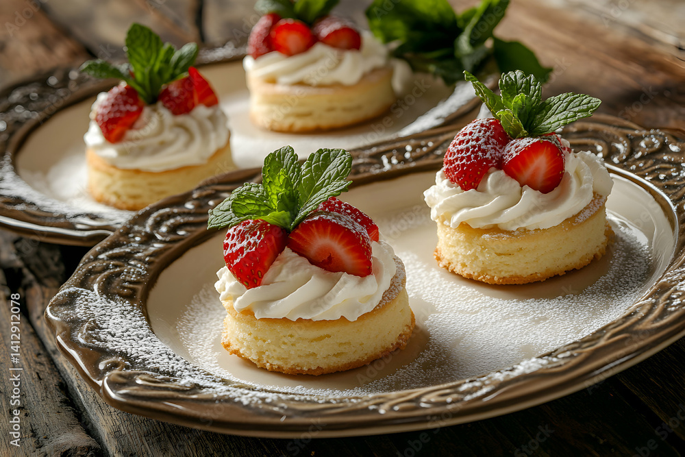 Delicious Layered Strawberry Shortcake Desserts with Cream and Mint Garnish on Rustic Platter Delicious Layered Strawberry Shortcake Desserts with Cream and Mint Garnish on Rustic Platter