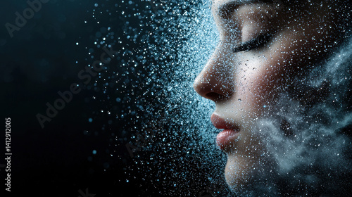 Ethereal woman with face dissolving into mist, serene expression