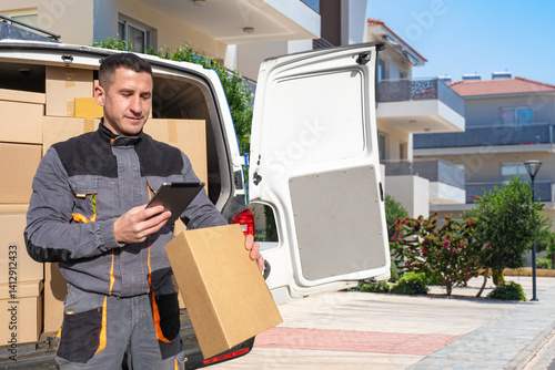 A delivery worker scans a p...