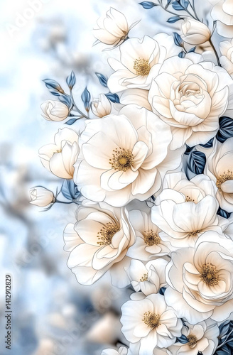 Line art drawing of white roses, light gray background, bokeh effect, clipart with space for text in the center