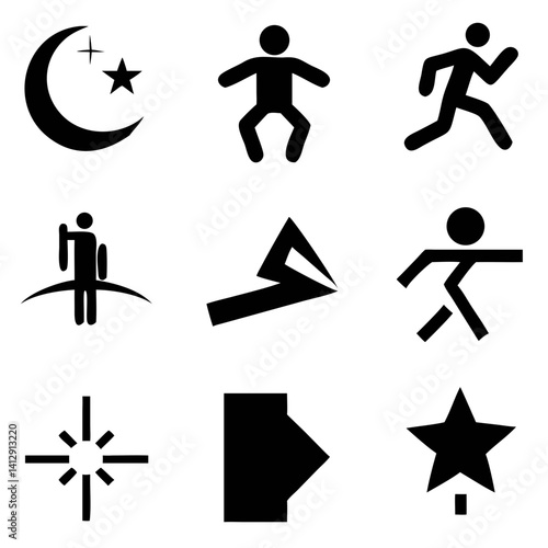 A bold collection of symbolic figures depicting life's journey, from infancy to exploration, featuring simple black silhouettes against a stark white background.