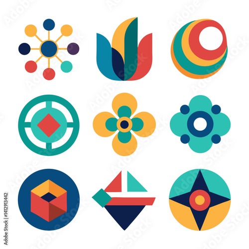 A vibrant collection of bold geometric floral and abstract designs featuring playful color palettes and simple shapes in a mid-century modern style.