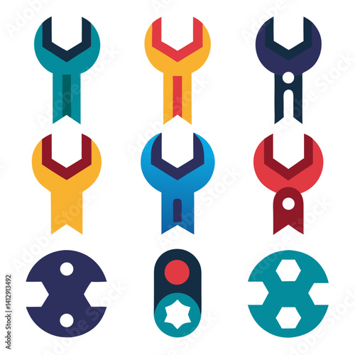 A vibrant collection of colorful wrench and tool icons, designed with bold shapes and flat color palettes, symbolizing versatile problem-solving and skillful repair.