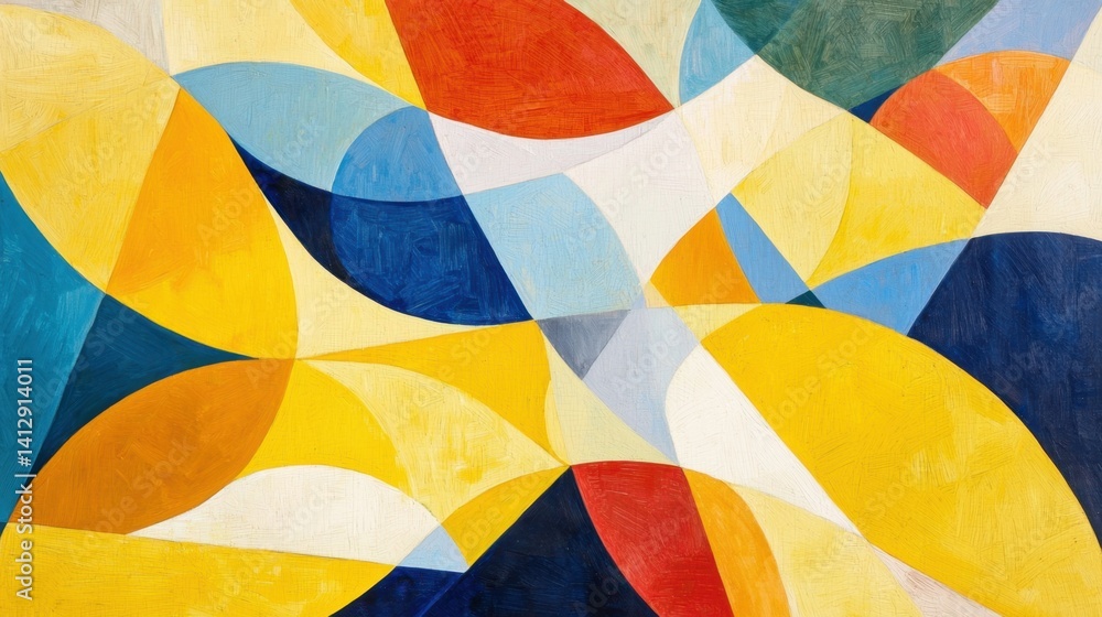 Fototapeta premium Abstract artwork features interlocking shapes in bright shades of yellow, blue, and green, creating a lively and harmonious composition. The smooth curves emphasize movement