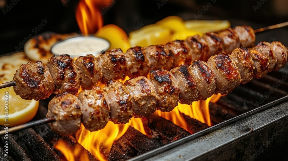 Grilled skewers of seasoned meat on a barbecue grill. Juicy, flavorful, and cooked to perfection. Accompanied by lemon slices and a creamy sauce Grilled skewers of seasoned meat on a barbecue grill. Juicy, flavorful, and cooked to perfection. Accompanied by lemon slices and a creamy sauce