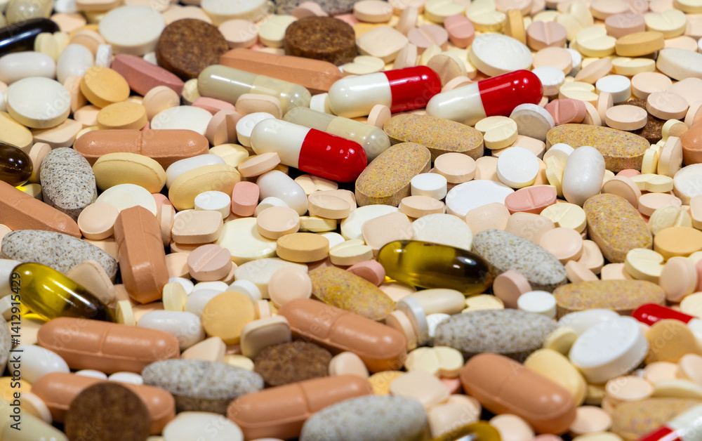 Close-up with various medications pills and capsules