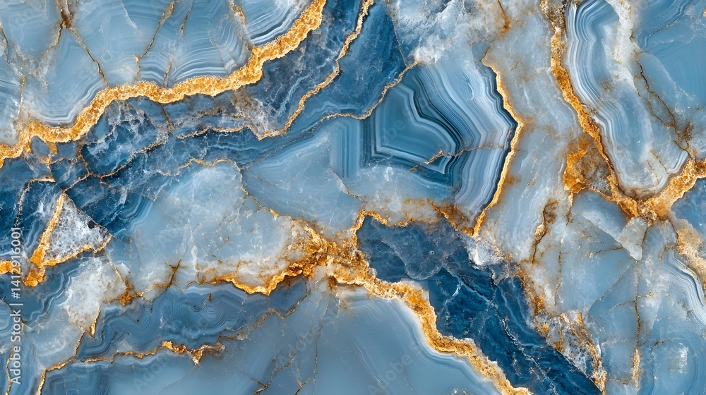 Fototapeta premium Photo of Ocean blue agate marble pattern with golden veins close up. Background texture for backdrops or mapping