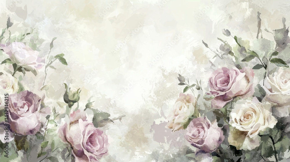 Soft pink and creamy white roses create a gentle floral arrangement, adorned with delicate green leaves. The background features a light pastel hue, enhancing the blooms' elegance Soft pink and creamy white roses create a gentle floral arrangement, adorned with delicate green leaves. The background features a light pastel hue, enhancing the blooms' elegance
