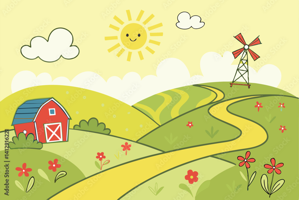 Fototapeta premium 30 Vibrant cartoon farm landscape, rolling green hills, bright yellow sky, radiant sun with sunbeams, fluffy white clouds, red windmills, red and blue barn, winding yellow path, colorful wildflowers, 