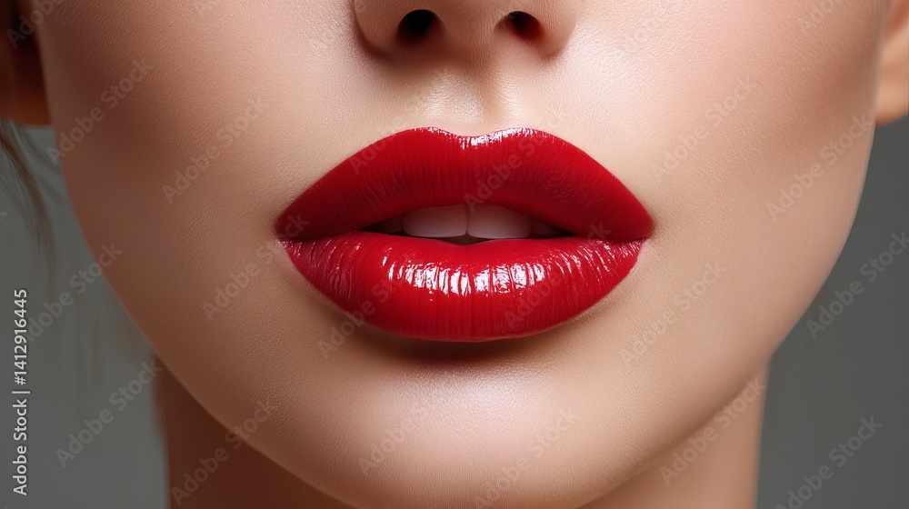 Obraz premium Close-up of a woman's lips with bold red lipstick, showcasing beauty and glamor.