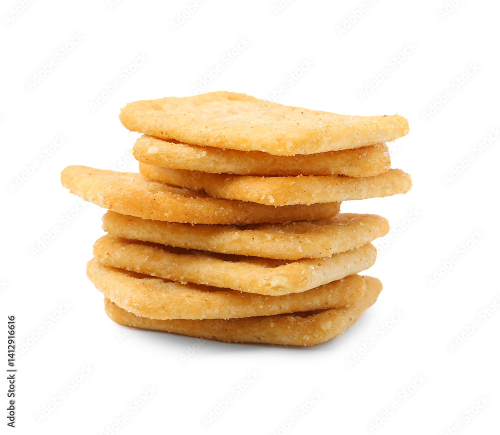 Stack of tasty salty crackers isolated on white Stack of tasty salty crackers isolated on white