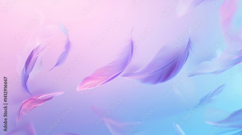 Fototapeta premium Soft pastel colors blend together as delicate purple and pink feathers drift gracefully, creating a peaceful and tranquil atmosphere filled with light