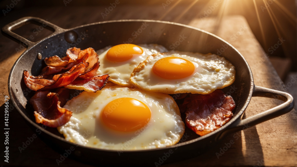 Close-up shot of fried eggs and bacon served in a pan, a great breakfast start. Close-up shot of fried eggs and bacon served in a pan, a great breakfast start.