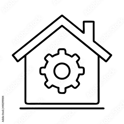 House with gear icon in black outline vector style