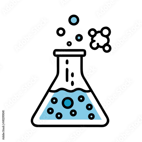 Science flask with bubbles in black outline vector style