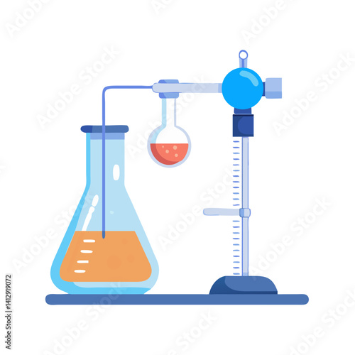 Chemistry lab glassware with liquid and burner in flat vector style