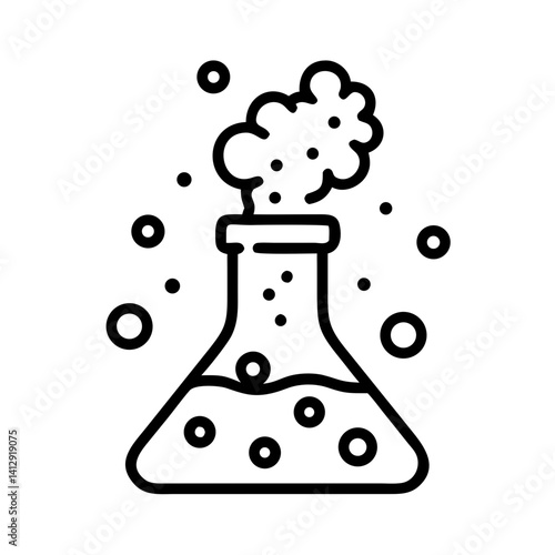 Science flask with foaming liquid in outline vector style