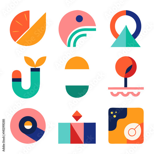 A vibrant collection of playful geometric shapes celebrating growth, nature, and abstract joy with bold colors and minimalist lines.