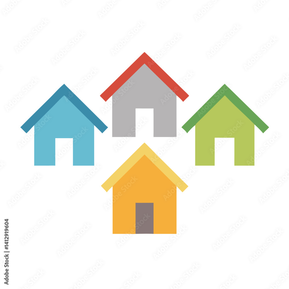 Five colorful homes in flat circular housing icon Five colorful homes in flat circular housing icon