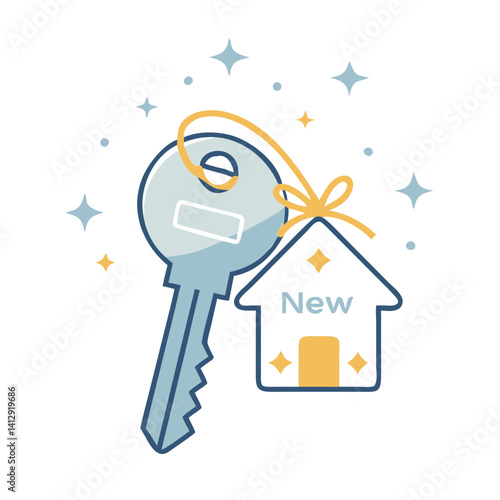 New house key with tag and stars in celebration style