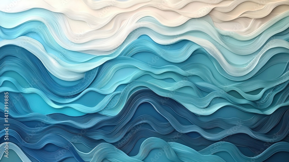 Colorful layers of blue and white create a flowing abstract representation resembling ocean waves. The design captures the movement and beauty of water in a captivating manner Colorful layers of blue and white create a flowing abstract representation resembling ocean waves. The design captures the movement and beauty of water in a captivating manner