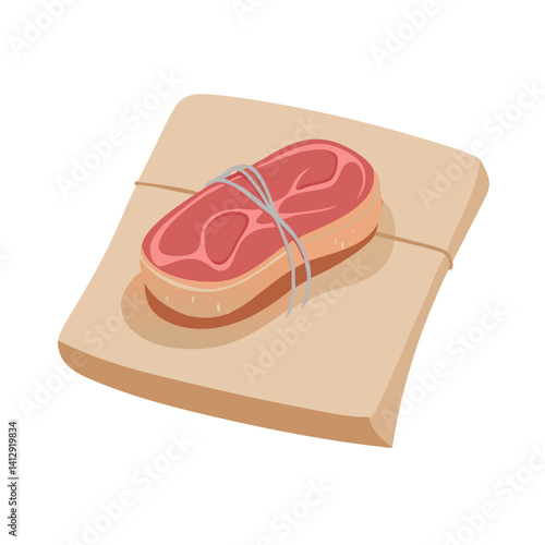 Raw steak tied on brown paper cartoon