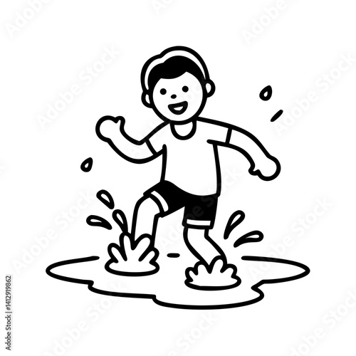 Boy playing in puddle line art illustration