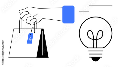 Hand grasping shopping bag with discount tag beside lightbulb symbolizing innovative marketing, sales, and strategy. Ideal for retail, branding, innovation, e-commerce, shopping, creativity business