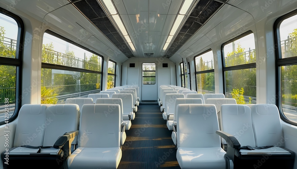 Naklejka premium a pristine and empty train car interior showcases rows of white leather seats framed by large windows revealing lush greenery outside.