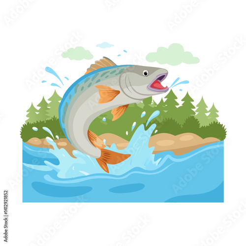 Jumping fish in river vector illustration