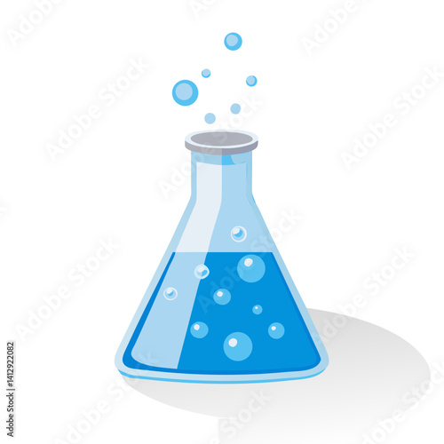Blue laboratory flask with bubbles in cartoon vector style