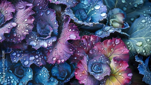 Dew-covered decorative cabbage leaves in a garden, showcasing intricate natural beauty after rain.
