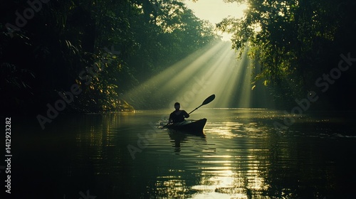 Kayaker in Sunlight-drenched Jungle River