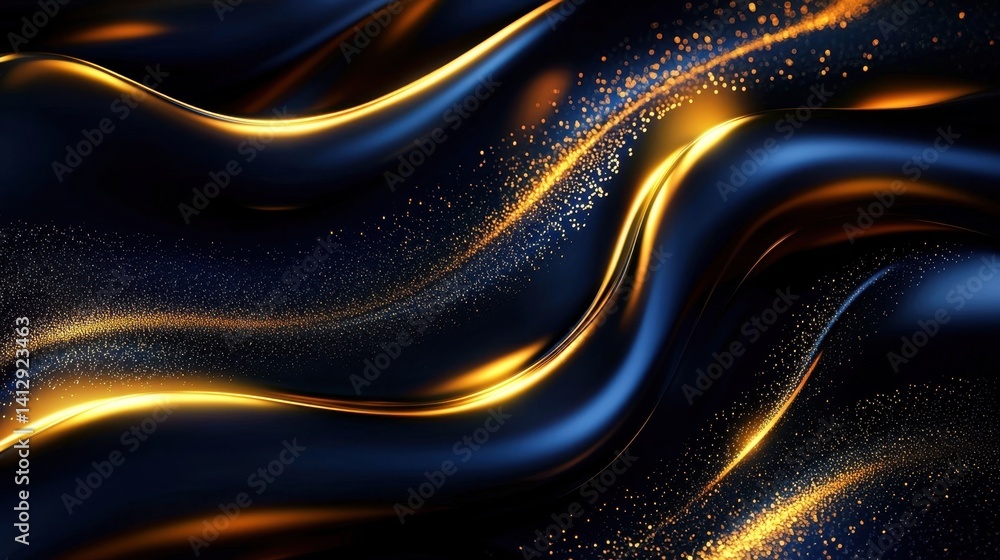 Obraz premium The image showcases a rich textile landscape with smooth, flowing lines of dark fabric enhanced by glimmering golden accents. The interplay of light highlights the elegance and texture