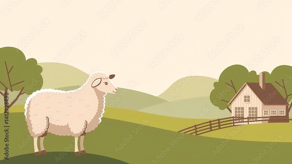 Fototapeta premium A tranquil countryside scene featuring a sheep, a house, and rolling hills, evoking a sense of peace and rural life.