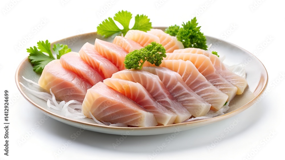 High Resolution Image of White Fish Sashimi Featuring Fresh Sliced Seafood on White Background
High Resolution Image of White Fish Sashimi Featuring Fresh Sliced Seafood on White Background