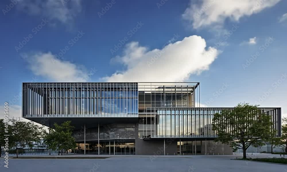 Modern, multi-story institutional building with glass and metal facade. Modern, multi-story institutional building with glass and metal facade.