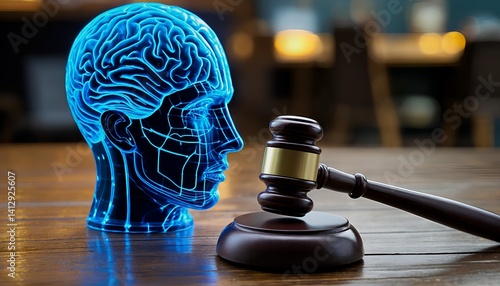 a glowing blue digital human head with a visible brain structure is positioned beside a traditional wooden gavel on a dark wooden surface, suggesting concepts of legal psychology or cognitive justice.
