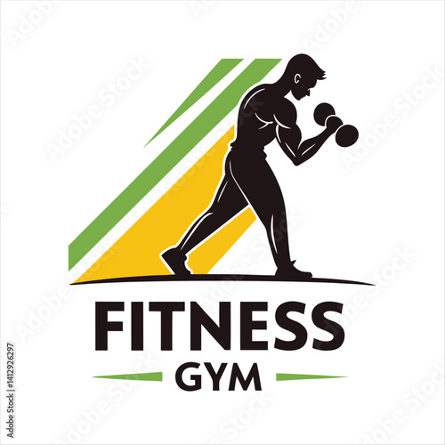 "Modern fitness gym logo design featuring a muscular man lifting a dumbbell. The character is in silhouette style with dynamic posture, standing in front of abstract green and yellow geometric shapes.