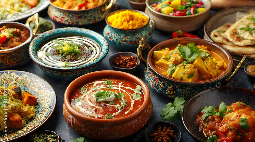 An exquisite spread of colorful Indian dishes including curries and rice, beautifully presented in traditional bowls. An exquisite spread of colorful Indian dishes including curries and rice, beautifully presented in traditional bowls.
