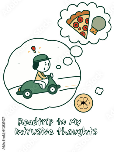 Joyful journey of a tiny driver navigating whimsical thoughts in a toy car