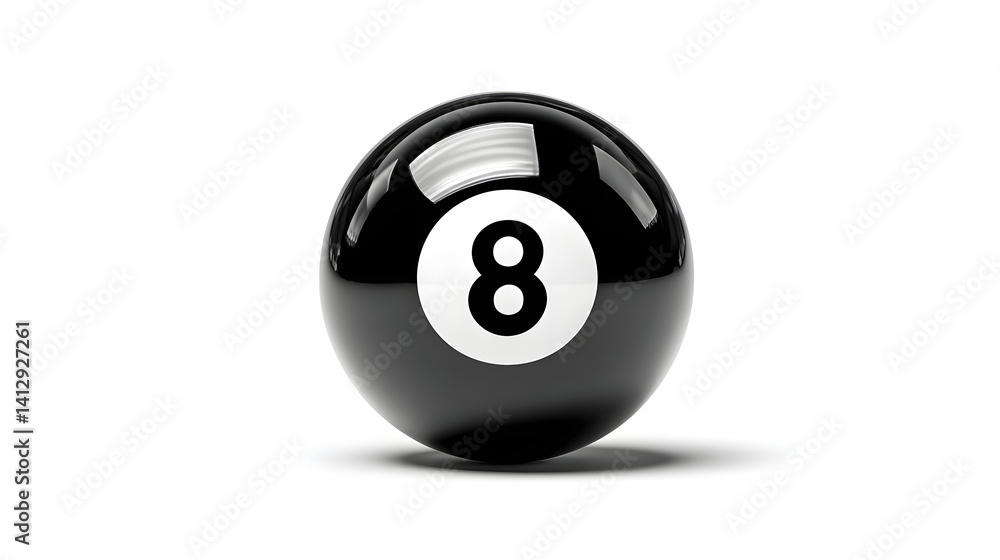 A glossy black eight ball highlighting its number against a minimalist white background. A glossy black eight ball highlighting its number against a minimalist white background.