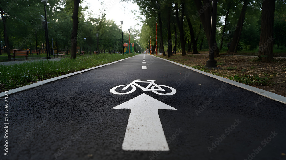 Obraz premium A clear bike lane in a serene park setting, perfect for cycling enthusiasts enjoying nature.
