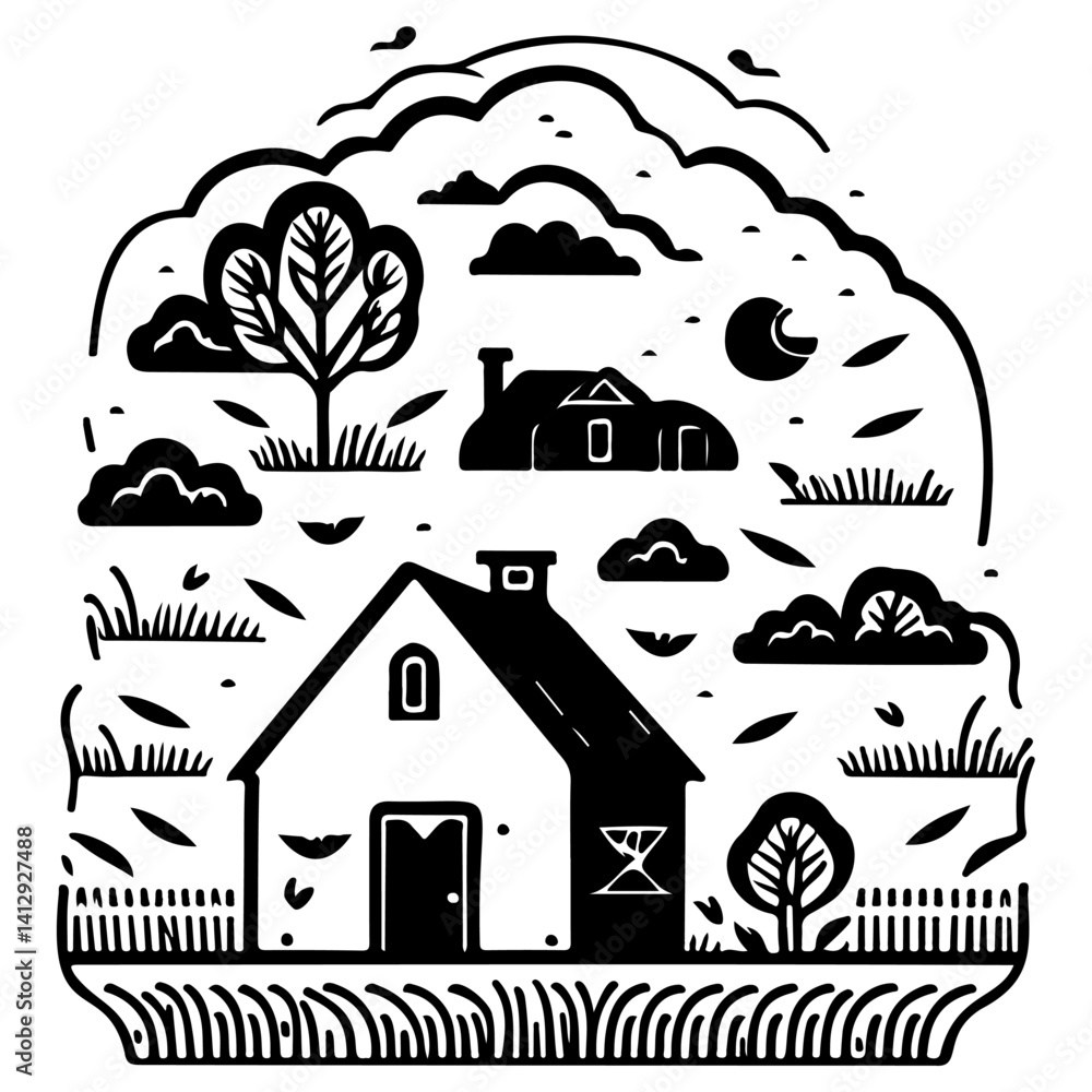 Naklejka premium Linocut Style Rural Black and White Landscape
