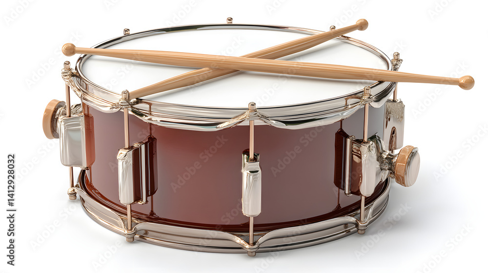 A glossy brown snare drum with wooden drumsticks resting on top, captured against a clean white background.